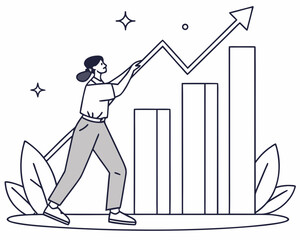Poster - Businesswoman pushing a growth chart arrow upwards isolated on white background