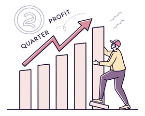 Poster - Man climbing a bar graph showing increasing profit and quarter growth isolated on white background