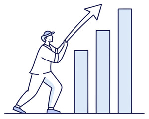 Poster - Man pushing upward arrow on bar chart isolated on white background