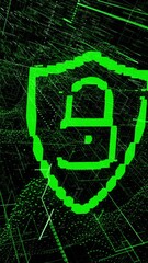 Poster - Animation of padlock icon and digital data processing over computer servers