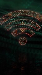 Poster - Animation of wifi icon with computer circuit board over spots on black background