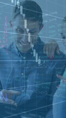 Poster - Financial data and stock market animation over diverse people analyzing information