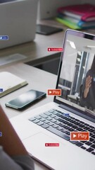 Poster - Watching video tutorial, person surrounded by play and subscribe buttons animation