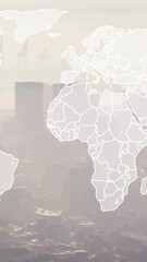 Poster - World map animation over cityscape with tall buildings and hazy sky
