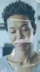 Poster - Businesswoman in office with data analytics and charts animation
