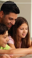 Poster - Using laptop together, family surrounded by white frame animation