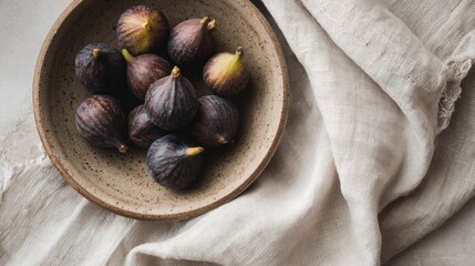 Poster - Freshly Picked Figs Arranged in a Clay Plate With a Linen Cloth on a Rustic Surface Ready for a Midday Snack or Dessert