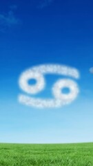 Poster - Animation of cancer star zodiac sign formed with white clouds on blue sky over meadow