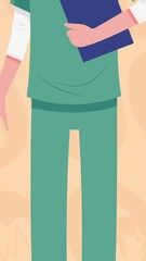 Poster - Animation of doctor wearing face mask icon over digital icons on orange background