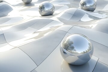 Poster - 3D terrain made of shiny spheres and muted angular tiles 