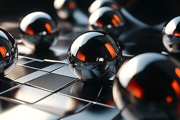 Poster - 3D terrain made of shiny spheres and muted angular tiles 