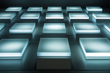 Poster - A grid of perfectly aligned light blue squares and dark gray rectangles, their edges softly glowing as if illuminated from within --