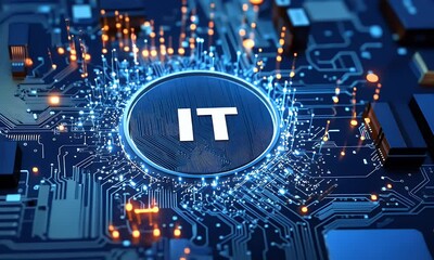 Poster - Digital icon of information technology or circuit board with the text IT in the center on a blue background, representing the technology and network concept.