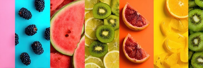 Poster - Colorful Collage Showcasing Summer Fruits in Pop Art Style With Vibrant Backgrounds Perfect for a Refreshing Summer Vibe