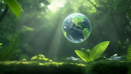 Poster - Harmony of the world: An ethereal vision of our planet suspended gracefully amidst a lush, verdant forest, where the sun's golden rays weave through the foliage.