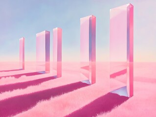 Poster - A pastel pink field with floating translucent prisms casting elongated indigo shadows in perfect symmetry 