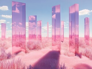 Poster - A pastel pink field with floating translucent prisms casting elongated indigo shadows in perfect symmetry 