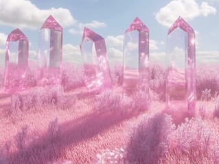 Poster - A pastel pink field with floating translucent prisms casting elongated indigo shadows in perfect symmetry 