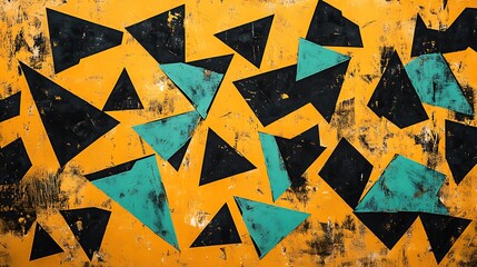 Poster - A scattered field of asymmetrical black and mint polygons drifting across a matte amber plane -