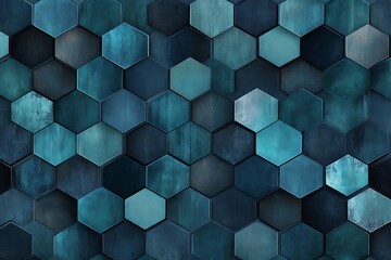 Poster - •  A seamless background of interlocking hexagons in varying shades of cyan and charcoal, layered with a glowing grid overlay 