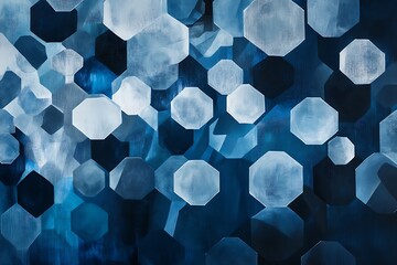 Poster - Abstract layers of blue hexagons and gray circles floating in a staggered pattern, creating a sense of motion and depth 