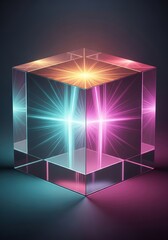 Poster - Illuminated Glass Cube - A transparent glass cube glows with vibrant pink and teal neon lights, creating a modern and futuristic aesthetic
