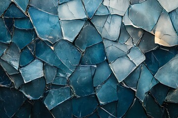 Poster - Angular shards of blue and gray breaking apart, forming an abstract fractured glass effect on a solid dark background 