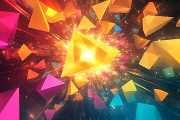 Poster - •  Colorful 3D triangles orbiting a glowing core 