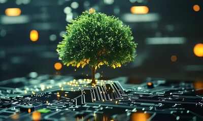 Poster - A tree growing on top of an electronic circuit board, with green lights in the background, 