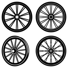 Leinwandbilder - Four black and white wagon wheels with spokes in a square arrangement on a white background image