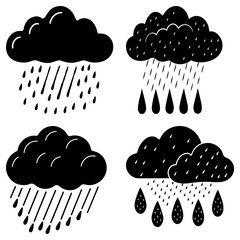 Fototapete - Four black and white cloud illustrations with varying rain patterns and droplet shapes in monochrome style
