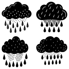 Fototapete - Four black and white clouds with varying rain patterns in a vector style illustration for weather themes