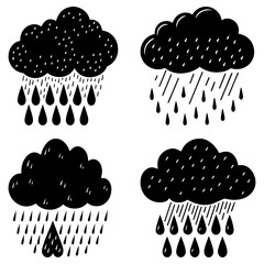 Fototapete - Illustration of four black clouds with different rain patterns in a cartoonish style on a white background