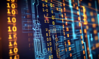 Aufkleber - Abstract background with a digital circuit board and binary code. High-tech technology concept. Digital rendering of computer chips, data transfer, 
