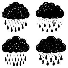 Fototapete - Four black and white cartoon clouds with varying rain patterns in a simple vector illustration style