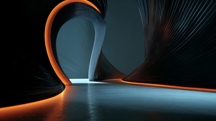 Leinwandbilder - A futuristic tunnel with glowing orange lights creates a modern and abstract architectural space
