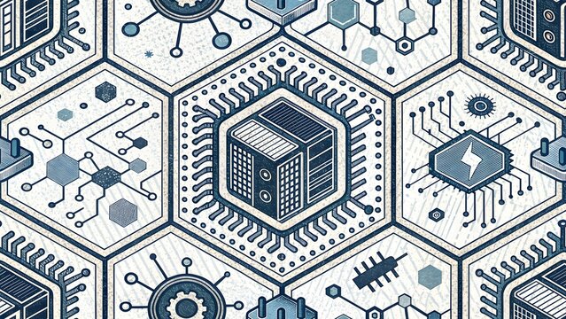 Abstract Tech Hexagon Pattern:  Isometric Server, Circuitry, and Network Design.  Cool, Modern Style.