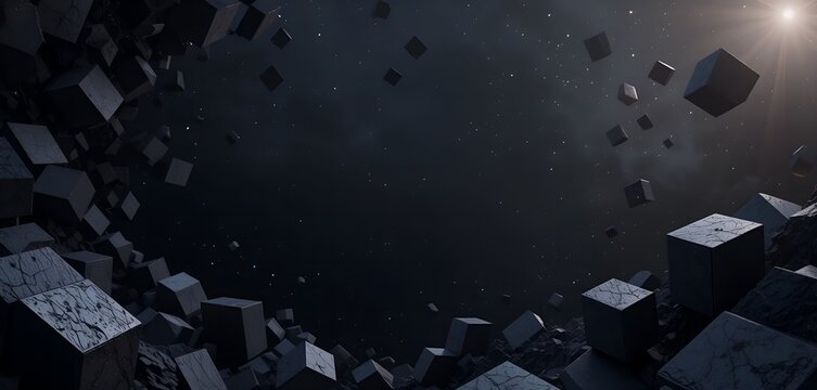 A conceptual display of floating geometric shapes set against a cosmic backdrop, ideal for modern designs.