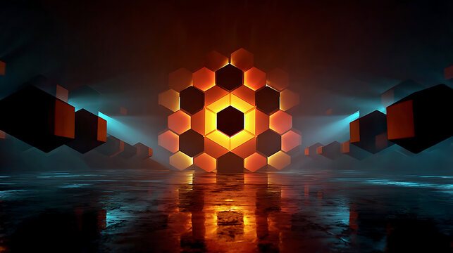 A futuristic room with a glowing hexagonal pattern reflecting on the floor