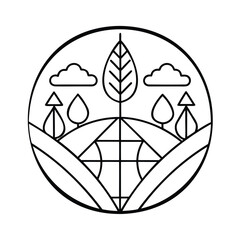 Poster - Handdrawn a landscape with trees clouds geometric shapes inside a circle graphic