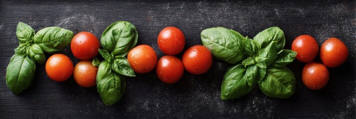 Poster - Fresh Cherry Tomatoes Paired With Vibrant Basil on a Rustic Chalkboard Backdrop Illuminated by Soft Center Light