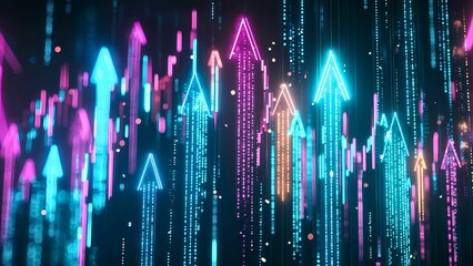 Poster - Abstract arrows pointing upwards, showcasing growth and progress, with vibrant neon light effects. It symbolizes concepts such as success, progress, and achievement.
