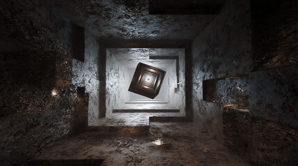 Leinwandbilder - A solitary cube hovers in a dimly lit, abstract room with textured walls and architectural design