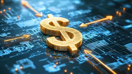 Poster - A golden dollar symbol surrounded by arrows on a circuit board background