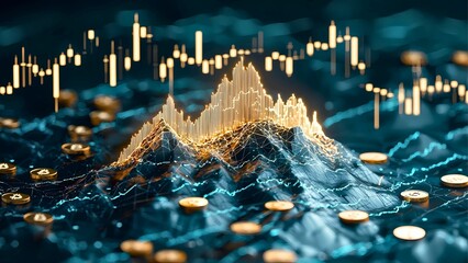Poster - An abstract illustration depicting financial trends, using graphic mountains and coins in a digital landscape. The scene visualizes market fluctuations with data visualization