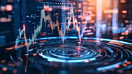 Poster - An abstract view of a financial chart with futuristic technology. Displaying lines and patterns that suggest market trends and data analysis