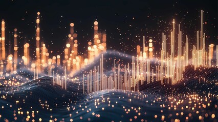 Poster - Dynamic data visualization with glowing particles, representing abstract technological innovation. The image illustrates digital information and modern technology in an artistic, eye-catching display