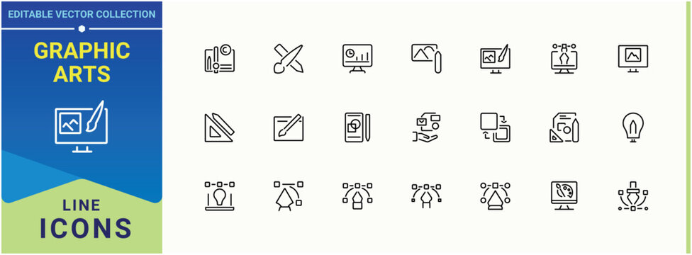 Graphic Arts icon pack. Graphic Design icon. Illustration perfect for logos and infographic. Modern vector illustration. Editable vector stroke.