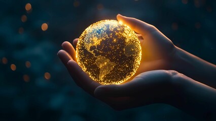 Poster - A luminous globe rests gently in the hands, radiating with vibrant energy and representing connection