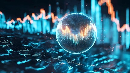 Poster - Abstract representation of a financial market with a glowing sphere showcasing market fluctuations and business analysis